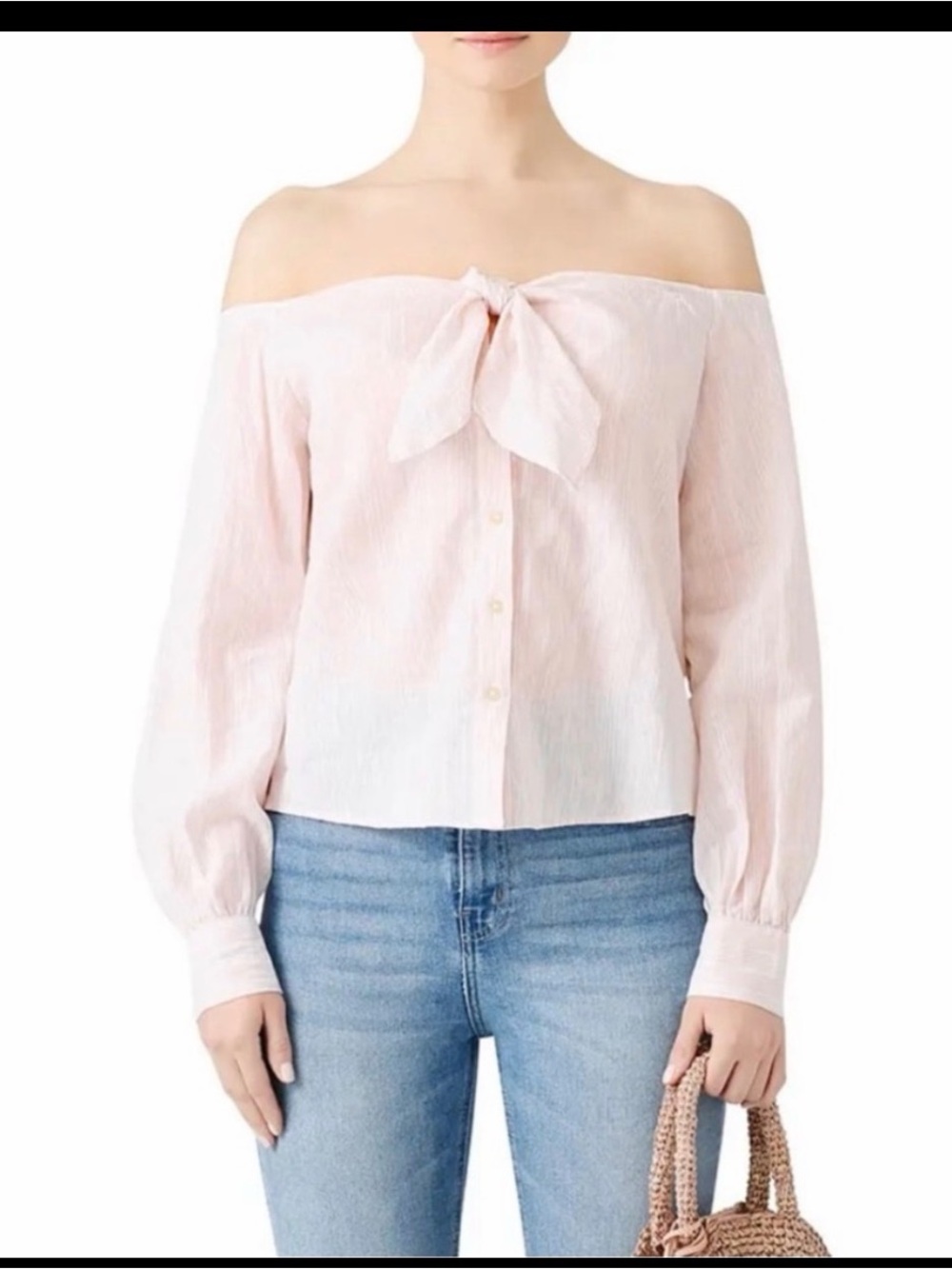 Free People Off-Shoulder Tie-Front Blouse in Pale Pink